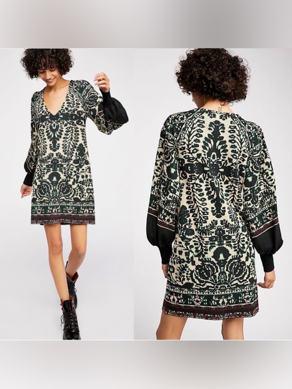 Free People Music Lyrics Long Sleeve Sweater Knit Green Mini Dress Sz S Boho